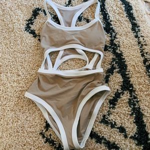 tan and white strappy one piece bikini swimsuit